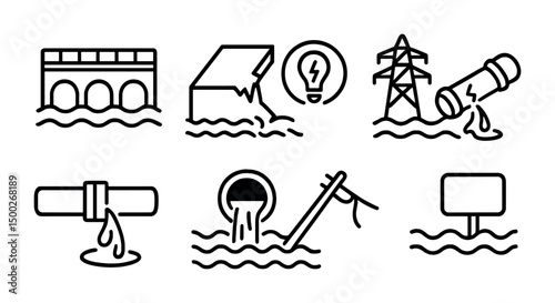Flood and disaster outline icons set – linear, emergency, crisis preparedness symbols