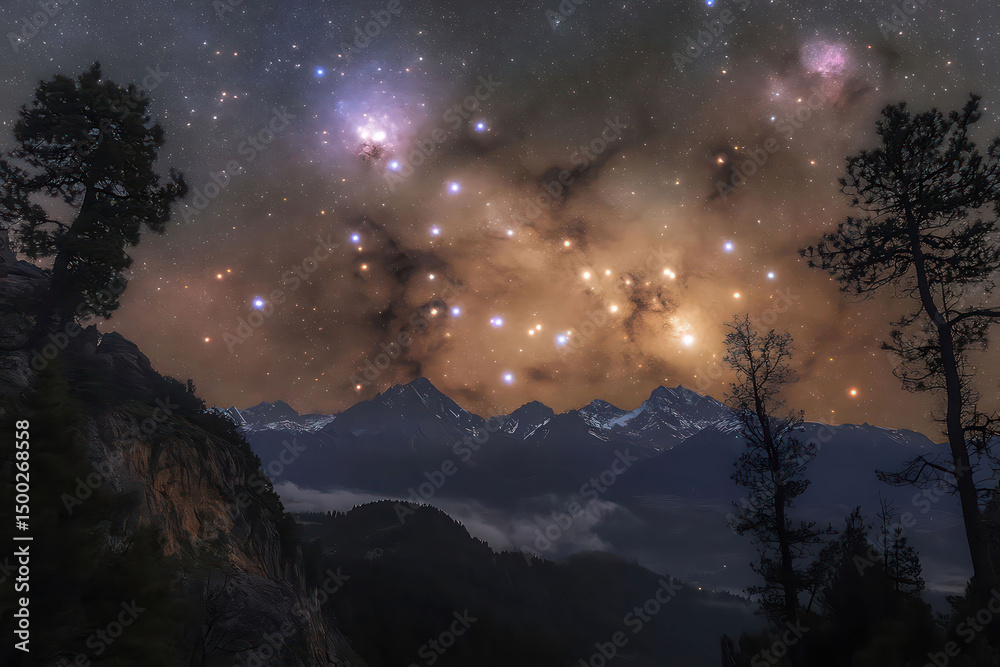 Naklejka premium Star clusters over a dark forest landscape with the Milky Way visible