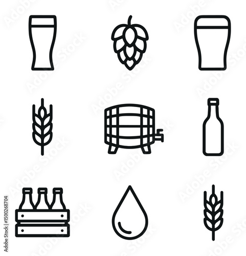 Beer Style Icons. Outline icon set of beer style varieties: pilsner glass, IPA hop cone, stout pint, wheat beer sheaf, porter