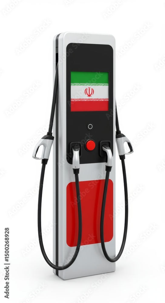 Fototapeta premium Futuristic electric vehicle charger station displaying the Iran national flag icon