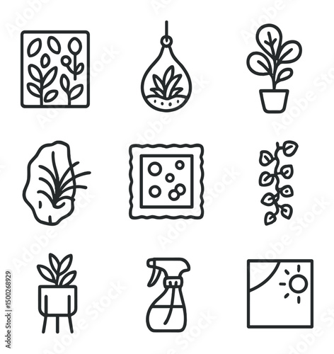 Biophilic Indoor Icon Set. Outline icon set of biophilic indoor greenery: living wall panel, hanging terrarium, fiddle leaf fig,
