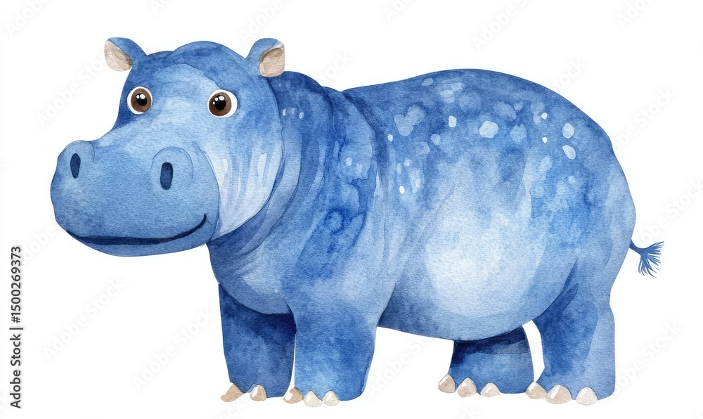 Fototapeta premium Blue watercolor hippo doll for kids on white background. AI generated illustration.