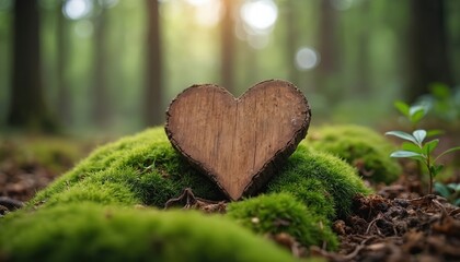 Wooden heart on green moss. Forest nature burial grave background. Natural burial concept, eco-friendly funeral. Tree burial in wood. Symbol of love, faith, grief, remembrance, memorial, death, loss.