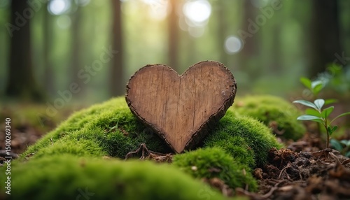Wooden heart on green moss. Forest nature burial grave background. Natural burial concept, eco-friendly funeral. Tree burial in wood. Symbol of love, faith, grief, remembrance, memorial, death, loss.
