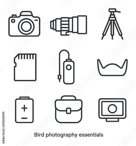 Bird Photography Essentials. Outline icon set of bird photography essentials: DSLR camera, telephoto lens, tripod, memory card,