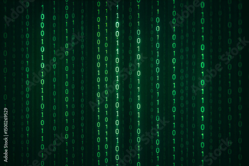 A striking abstract representation of a digital binary code in vibrant green tones. This image captures the essence of modern technology, data processing, and computer systems.