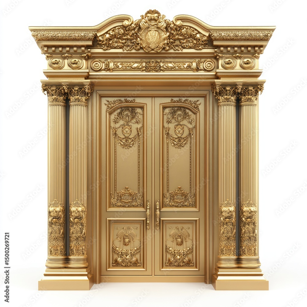 Obraz premium Ornate gold double doors with elaborate carvings and columns