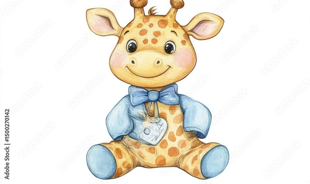 Obraz premium Watercolor kid giraffe doll, smiling joyfully, full body on white background. AI generated illustration.
