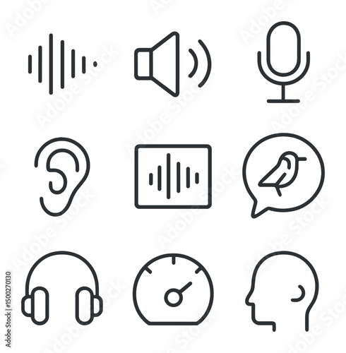 Bird Call Icons. Outline icon set of bird call monitoring: sound wave, speaker icon, microphone, musical note, ears listening,