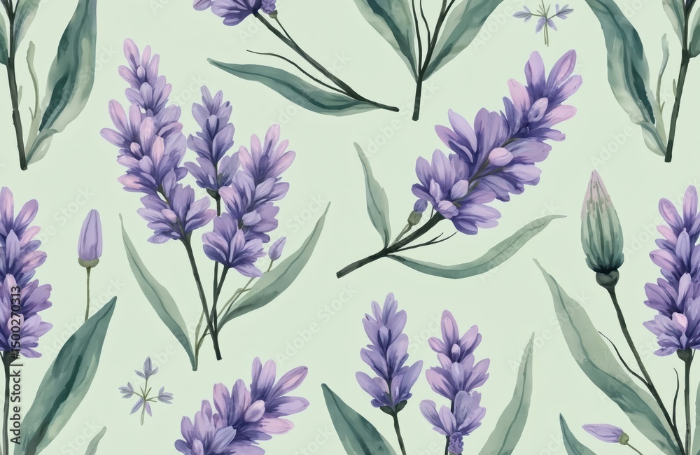 Obraz premium Hand drawn floral seamless pattern with lavender flowers, leaves. Watercolor botanical art background for textile design, wallpaper, wrapping paper, fabric prints. Spring summer season, natural