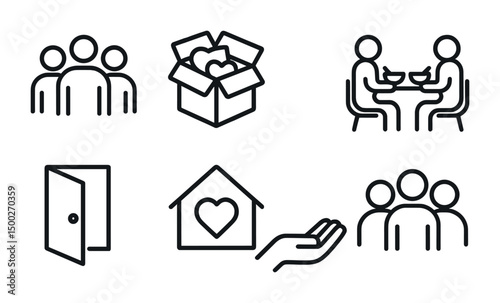 Community and charity outline icons set – social support, volunteer, donation symbols