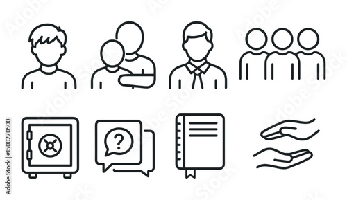 Business and people outline icons set – linear, teamwork, office symbols