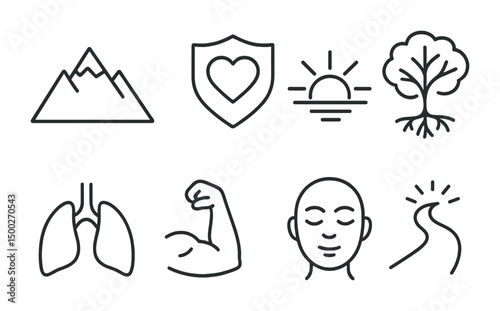 Wellness and health line icons set – outline, linear, fitness and mindfulness symbols
