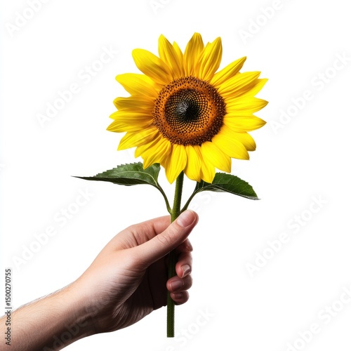 A hand holds a vibrant sunflower
