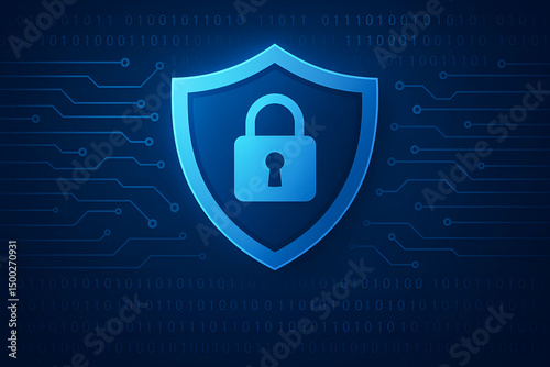 This image features a blue shield symbol with a padlock, representing cybersecurity and data protection in the digital age