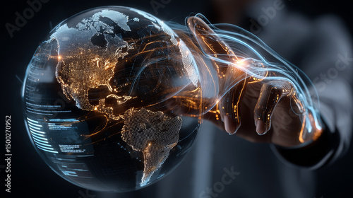 Digital Marketing. Hand holding a globe with network connecting data. Representation of digital technology, showcasing the interconnected world of digital marketing and data-driven strategies.