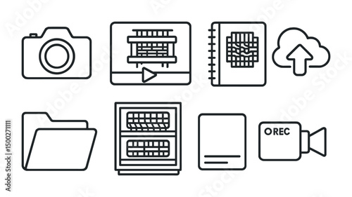 Photography and technology line icons set – linear, digital and multimedia symbols