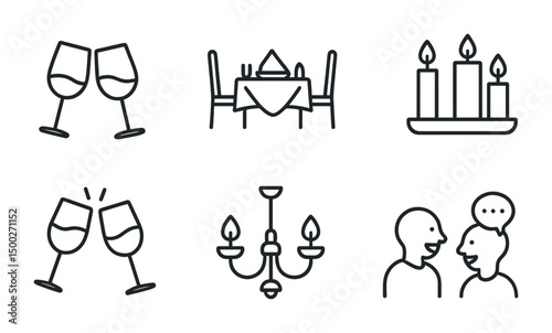 Dining and social interaction outline icons set – flat, linear, table and conversation symbols