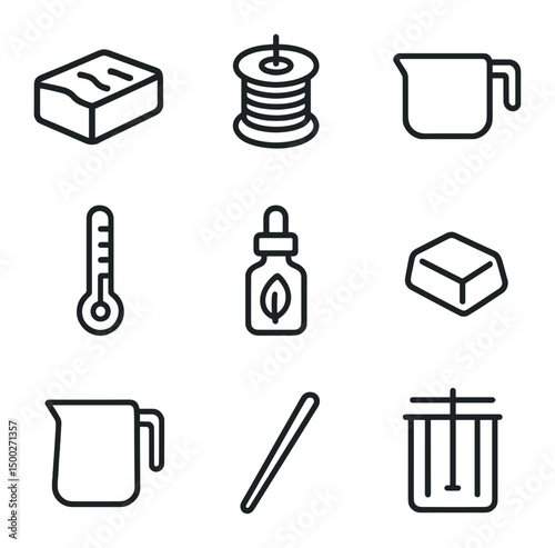 Candle Making Icons. Outline icon set of candle making supplies: wax block, wick spool, melting pot, thermometer, fragrance oil