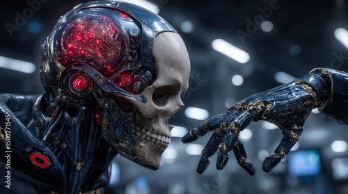 Robotic Arms Assemble the Cyborg or Humanoid Robot on Factory. Engineering Laboratory Productions Constructions Body, Head, Hands of the Artificial Intelligence. 3d rendering Automation Manufacturi