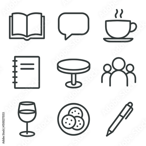 Book Club Essentials. Outline icon set of book club gathering: open book, speech bubble, coffee cup, notebook, pen, round table,