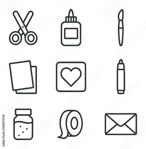 Card Making Tools. Outline icon set of card making: scissors, glue bottle, paintbrush, cardstock, heart stencil, marker pen,