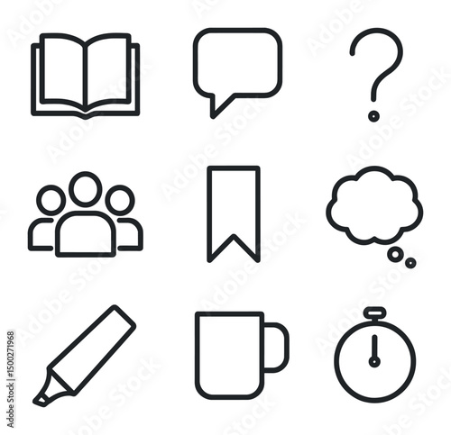 Book Discussion Icons. Outline icon set of book discussion session: open book, speech bubble, group silhouette, question mark,