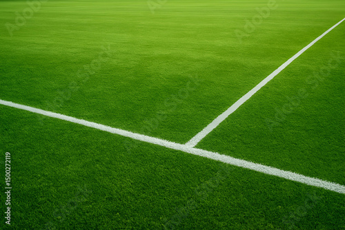 Close-up view of a vibrant green soccer field with crisp white lines demarcating the playing area, highlighting the essence of competitive sports and outdoor activities. photo