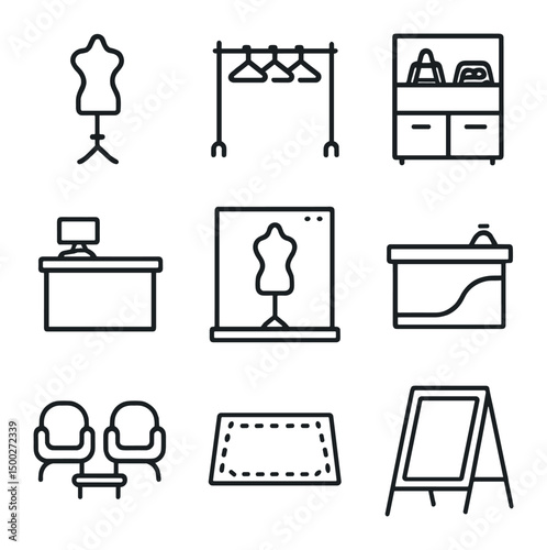 Boutique Layout Icons. Outline icon set of boutique layout elements: display mannequin, garment rack, shelving unit, checkout