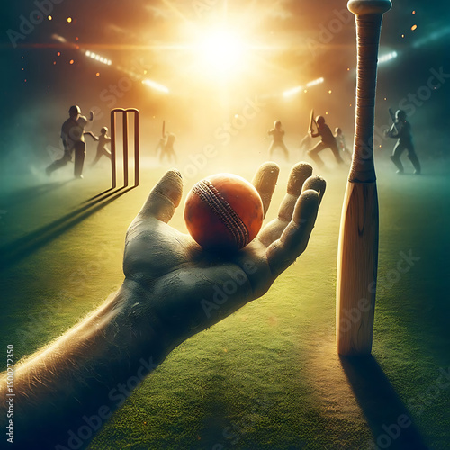 bat and ball in cricket ground illustration