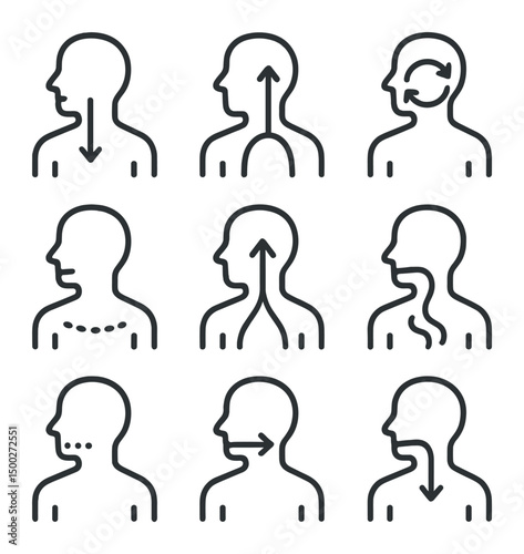 Breathing Techniques Icons. Outline icon set of breathing techniques: inhale down, exhale up, rhythmic breathing, diaphragm brace,