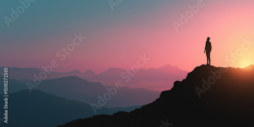 Person silhouette standing on cliff at colorful mountain sunrise with pink and blue sky
