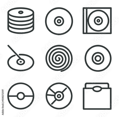 CD DVD Icon Set. Outline icon set of CD and DVD surfaces: disc stack, single disc, jewel case, laser beam, track spiral, hub hole,