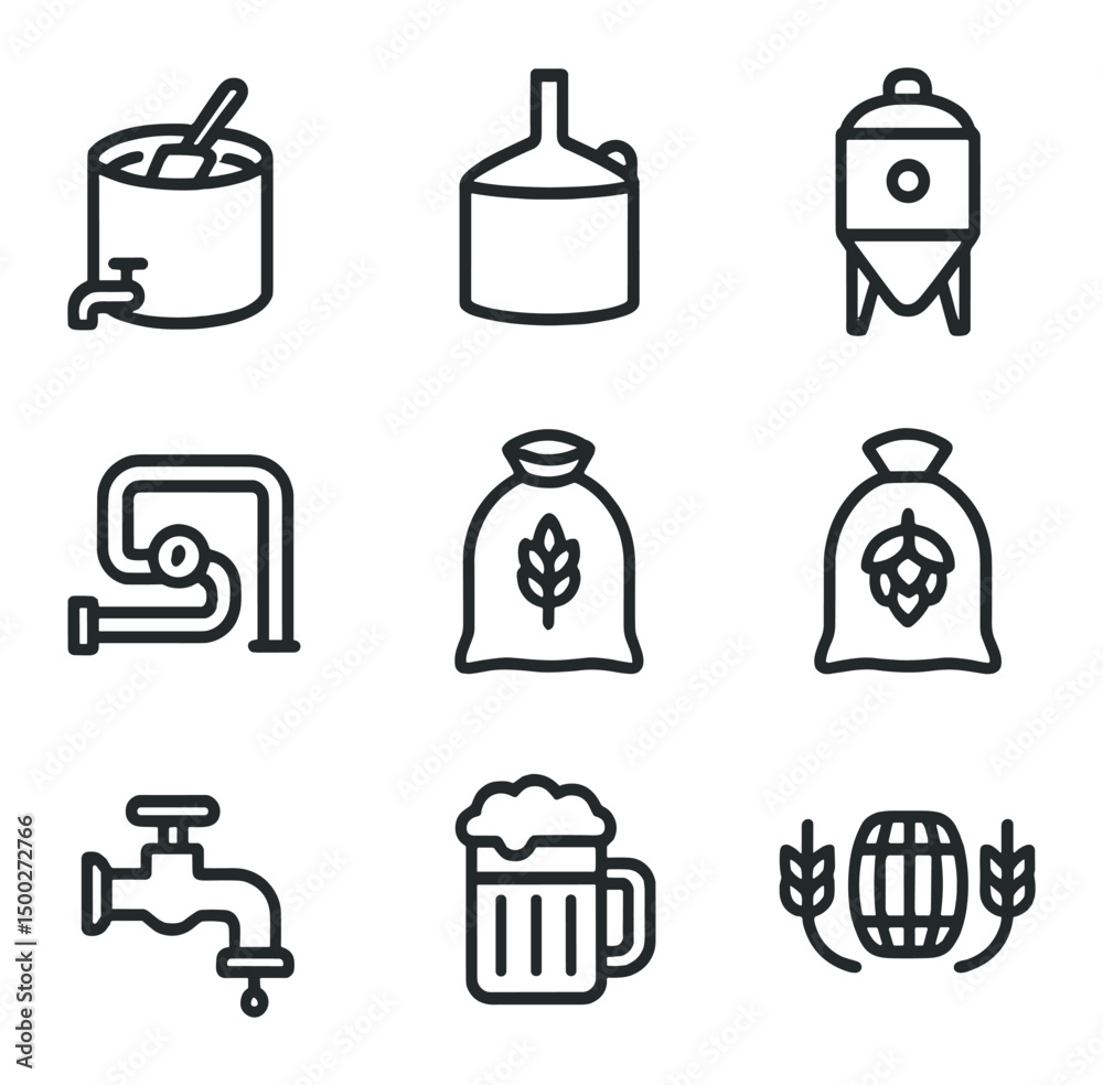 Brewery Process Icons. Outline icon set of brewery process with beer mug: mash tun, kettle, fermenter, brewery pipe, grain sack, Brewery Process Icons. Outline icon set of brewery process with beer mug: mash tun, kettle, fermenter, brewery pipe, grain sack,