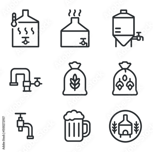 Brewery Process Icons. Outline icon set of brewery process with beer mug: mash tun, kettle, fermenter, brewery pipe, grain sack,