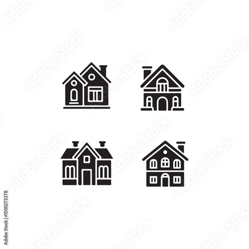 Vector Illustration of Various House Styles in Solid Black.This set of four black and white house icons displays diverse architectural styles, suitable for use in real estate, design, or related field