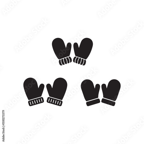 Simple Black and White Winter Mittens Illustration.Three pairs of winter mittens are depicted in a simple, black silhouette design against a plain white background.