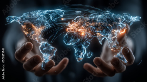 Hands holding globe with network connecting data of assessment systems and evaluation metrics for global performance monitoring, strategic planning, and knowledge sharing platforms.