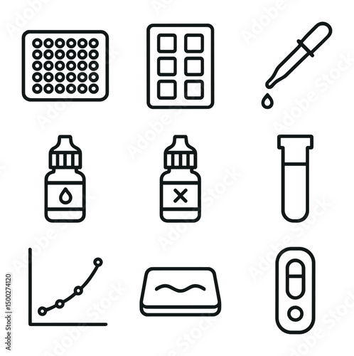 Colorimetric Assay Icons. Outline icon set of colorimetric assay kits: reagent well plate, color standard card, sample pipette,