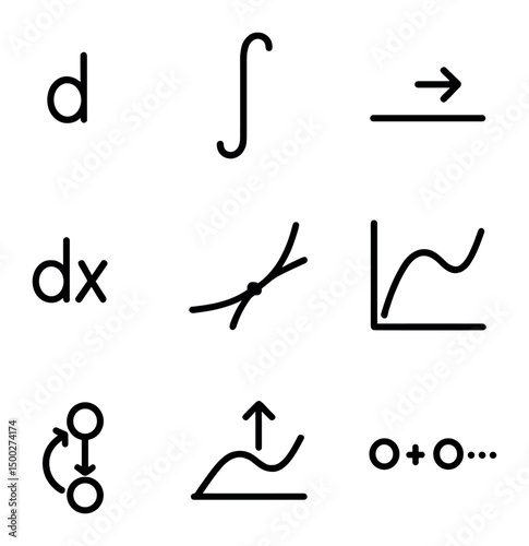 Calculus Icon Set. Outline icon set of calculus operations: derivative symbol, integral sign, limit arrow, differential dx,