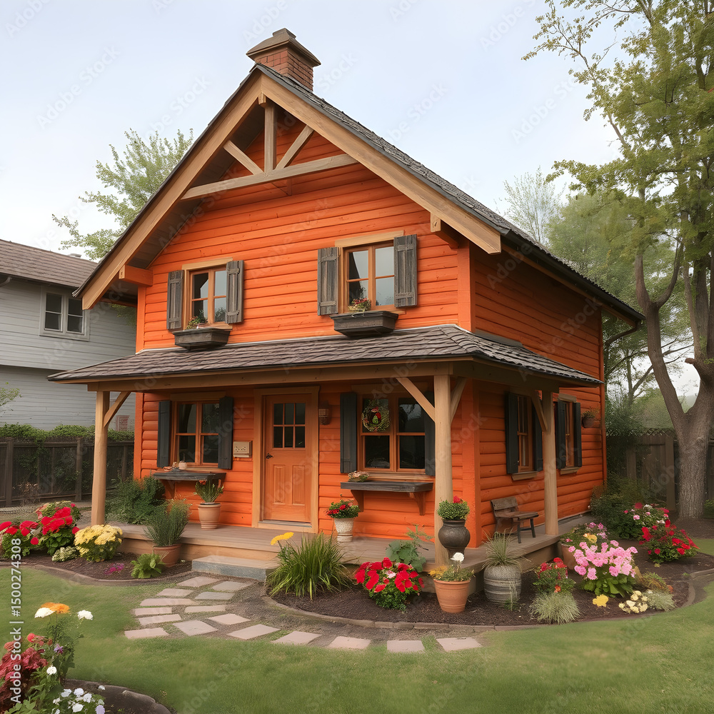 Obraz premium Una finca con encanto, de fachada naranja quemada, en un entorno rural, con un jardín exuberante.