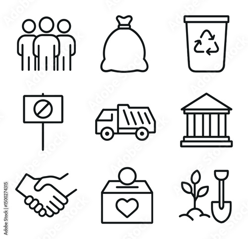 Community Activism Icons. Outline icon set of community activism and cleanup: volunteer group, trash bag, recycling bin, cleanup
