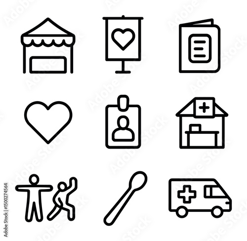 Community Health Fair Icons. Outline icon set of community health fairs: booth tent, banner stand, pamphlet, volunteer badge,