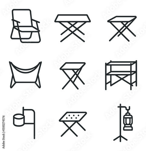 Camp Icon Grid. Outline icon set of camp furniture and comfort items: folding chair, camp table, stool, hammock stand, camp stool,