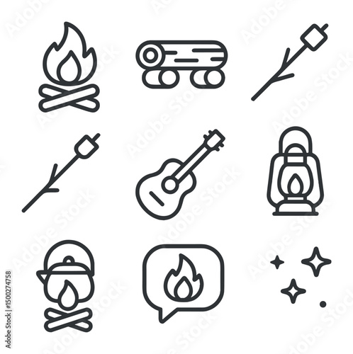 Campfire Icon Set. Outline icon set of campfire and leisure: campfire flame, log bench, marshmallow on stick, roasting fork,