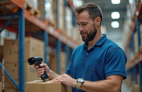 Warehouse worker uses bar code scanner, checks goods in boxes. Man in blue polo shirt works in logistics. Modern warehouse, stock, storage department. Inventory control, shipping, dispatch.