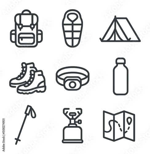 Camping Gear Icons. Outline icon set of camping gear essentials: backpack, sleeping bag, tent, hiking boots, headlamp, water