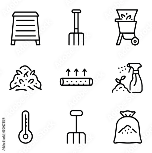 Composting Tools Icons. Outline icon set of composting cuttings waste: compost bin, garden fork, shredding machine, compost pile,