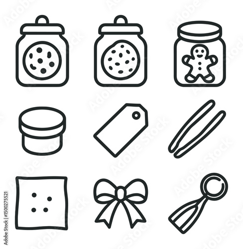 Cookie Jar Icons Display. Outline icon set of cookie glass jars: chocolate chip cookie, oatmeal cookie, gingerbread man, jar lid,