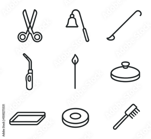Candle Care Icon Set. Outline icon set of candle care tools: wick trimmer, candle snuffer, wick dipper, long-neck lighter, wooden